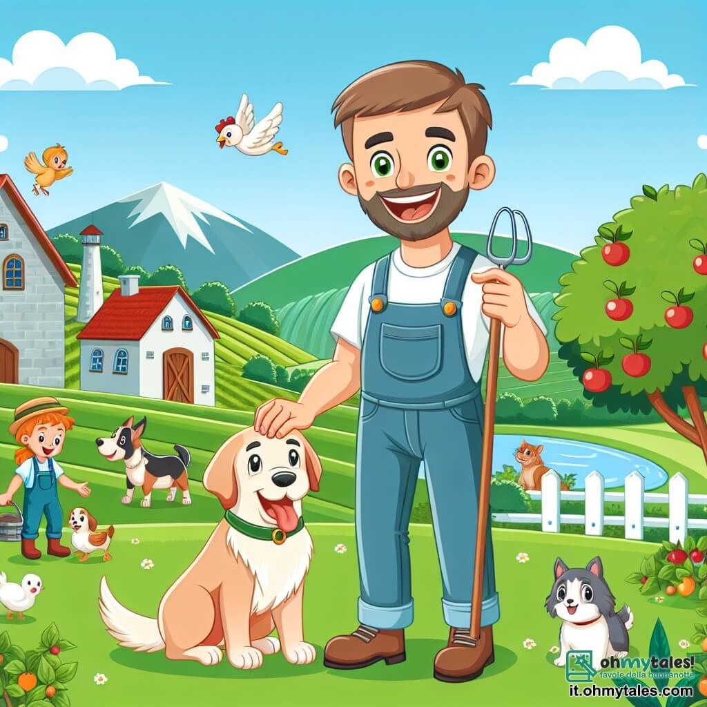 Une illustration destinée aux enfants représentant un homme passionné par l'agriculture, accompagné de son chien fidèle, travaillant avec enthousiasme dans sa ferme pittoresque entourée de champs verdoyants, d'arbres fruitiers et d'animaux joyeux, dans la charmante campagne d'une petite ville.