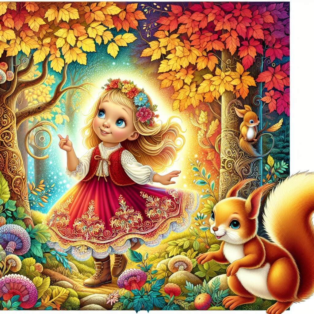 Une illustration destinée aux enfants représentant une jeune fille curieuse et émerveillée, qui explore un bois enchanteur aux couleurs chatoyantes de l'automne, accompagnée d'un petit écureuil malicieux, dans un paysage où les arbres se parent de feuilles dorées et rouges qui dansent dans le vent.