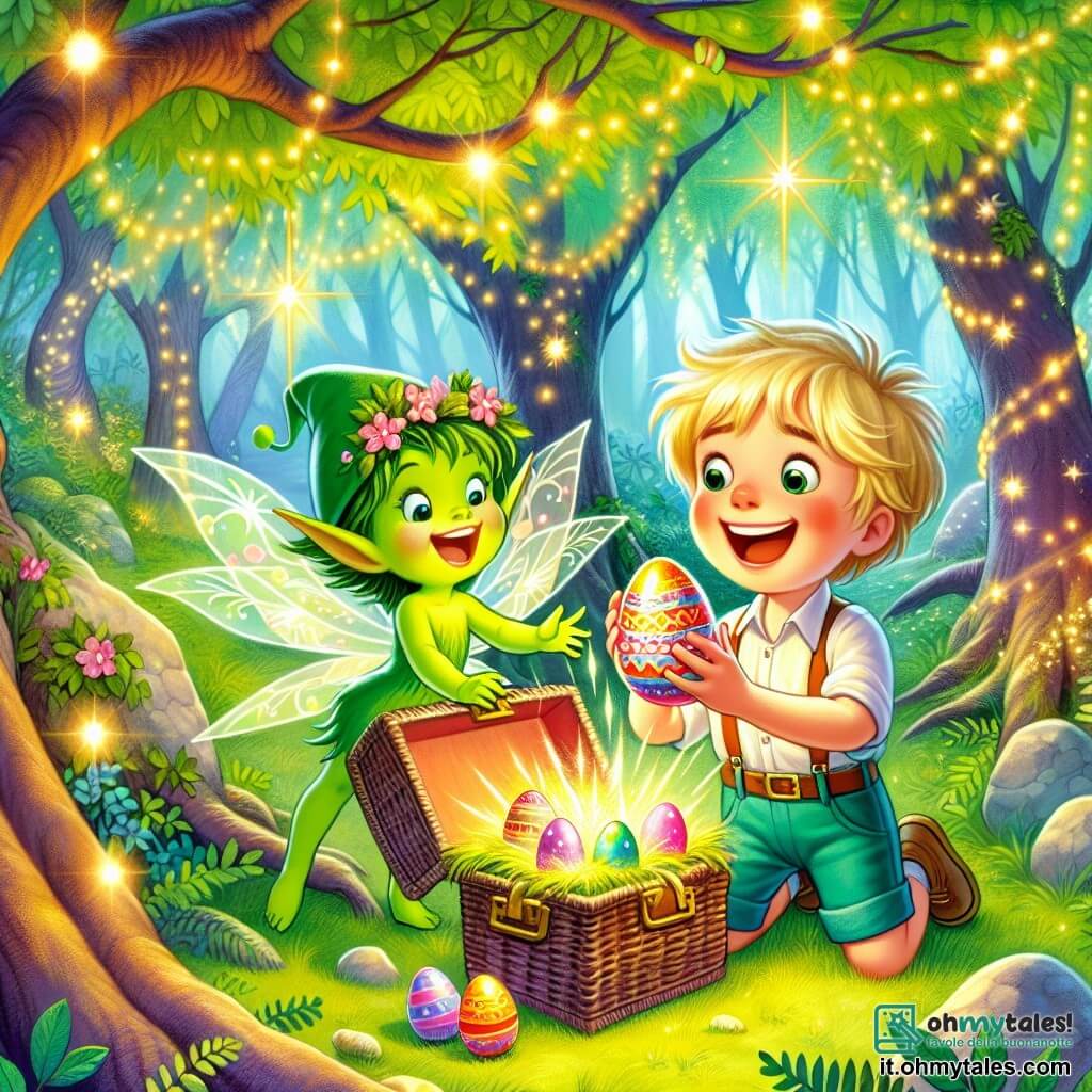 Une illustration destinée aux enfants représentant un garçon plein d'enthousiasme préparant une surprise de Pâques avec l'aide d'un folletto vert dans une forêt enchantée aux arbres lumineux et aux feuilles scintillantes.