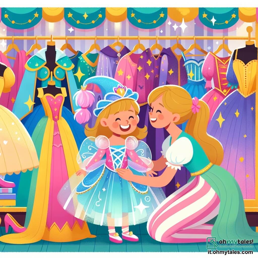 Une illustration destinée aux enfants représentant une petite fille énergique et joyeuse, en train de choisir son costume de princesse magique pour le carnaval, accompagnée de sa maman bienveillante, dans un magasin de costumes étincelant et coloré.