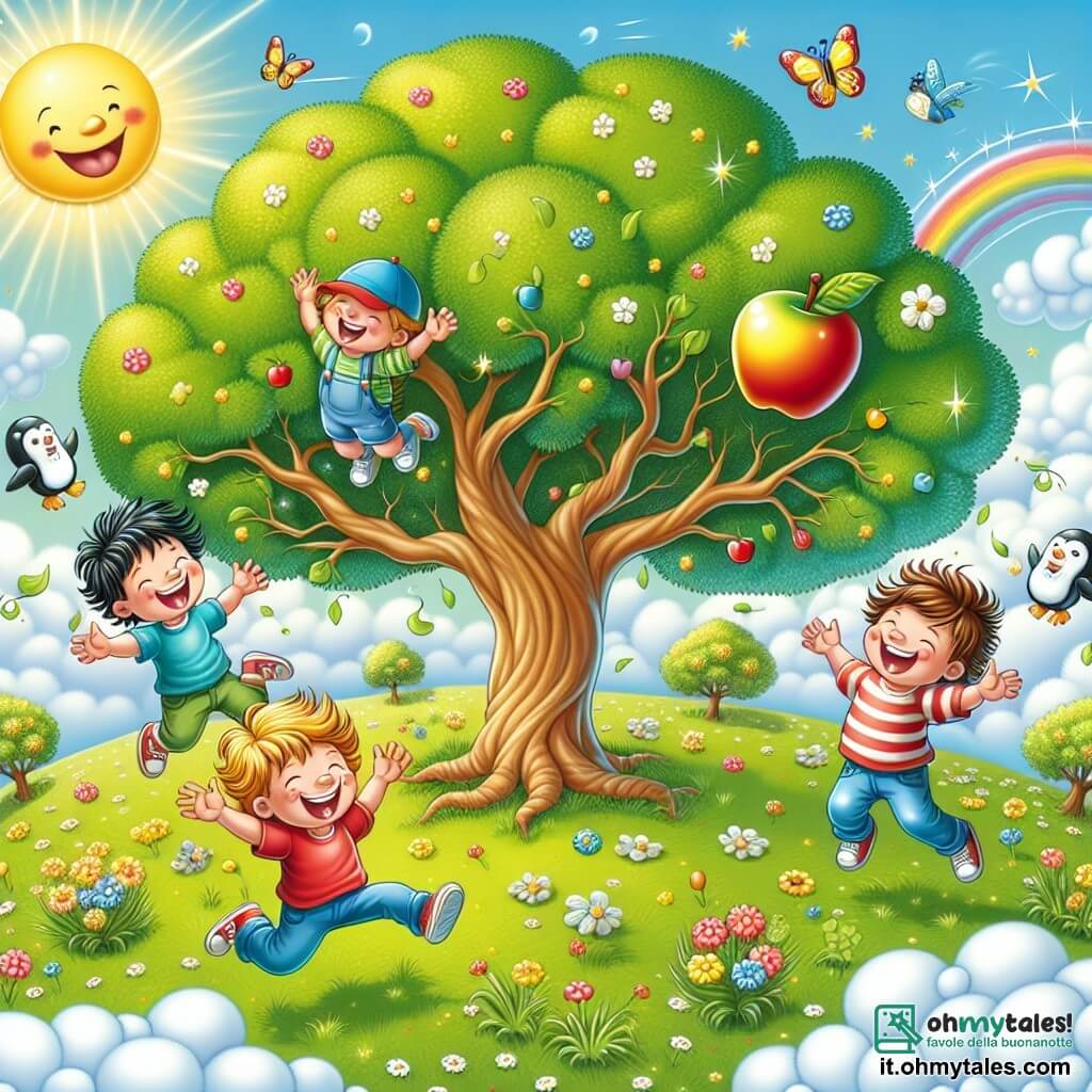Illustrazione che rappresenta un parco soleggiato, con un grande albero dalle fronde espanse, coperto di foglie verdi brillanti e di una sola mela dorata scintillante. A terra, l'erba è di un verde vivace, punteggiata di fiori colorati e di piccoli farfalle danzanti. Tre bambini di cinque anni, con capelli arruffati e sorrisi luminosi, fluttuano gioiosamente nell'aria. Uno di loro ha i capelli castani e indossa una maglietta rossa, un altro ha i capelli biondi e un cappellino blu, e l'ultimo ha i capelli neri e un maglione a righe. Ridono a crepapelle, con le braccia aperte, come se volassero come uccelli. La scena principale mostra i bambini che si elevano nel cielo, circondati da nuvole soffici e da un pinguino in costume su una nuvola, che tiene coni gelato colorati. Stelle scintillanti e bagliori dorati emanano dalla mela, creando un'atmosfera magica e ludica.
