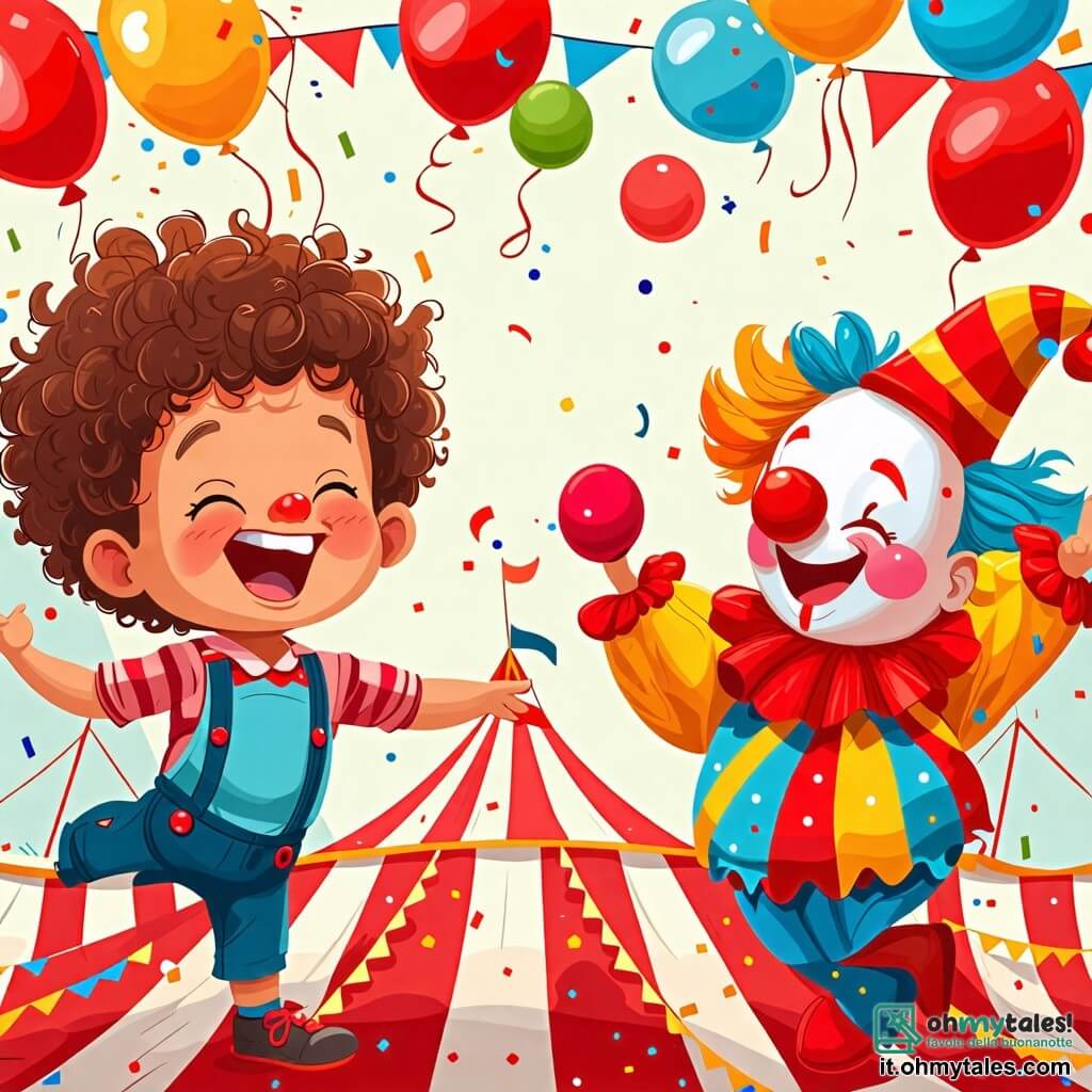 Une illustration sous forme de dessin destinée aux enfants représentant un cirque coloré avec des tentes rayées rouges et blanches, un petit garçon de 2 ans aux cheveux bouclés et aux yeux pétillants, riant aux éclats tout en dansant avec enthousiasme, entouré d'un clown joyeux avec un grand nez rouge et des vêtements multicolores, qui fait des grimaces et jongle avec des balles colorées, le tout dans une ambiance festive remplie de ballons flottants et de confettis, capturant l'esprit joyeux et ludique d'une journée au cirque.