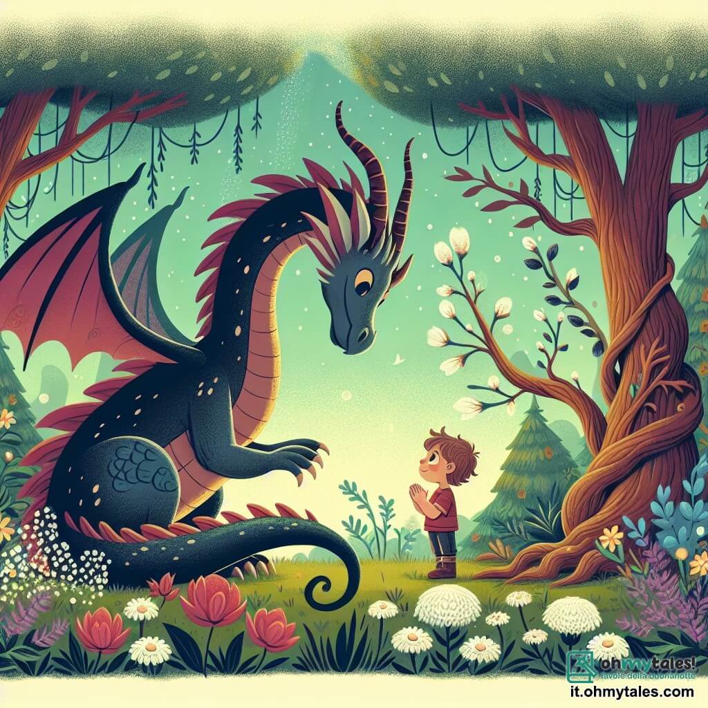 Une illustration destinée aux enfants représentant un dragon majestueux rencontrant un jeune garçon curieux dans une forêt enchantée aux arbres dansants et aux fleurs parfumées, prêts à vivre des aventures extraordinaires ensemble.