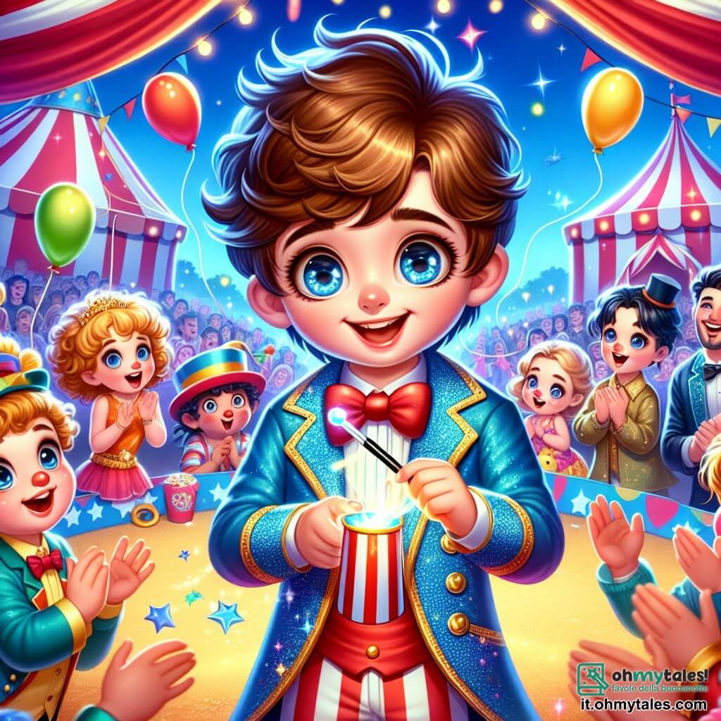 Illustrazione che rappresenta un circo colorato sotto un cielo blu brillante, con tende a strisce rosse e bianche che ondeggiano nel vento. Al centro della scena, un ragazzo di sette anni, con capelli castani e occhi scintillanti, tiene in mano una piccola bacchetta magica, con un sorriso incantato sul volto. Accanto a lui, una ragazza dai capelli ricci e dorati, anch'essa di circa sette anni, applaude con entusiasmo, i suoi occhi brillano di gioia. Un po' più in là, un ragazzo birichino dai capelli neri, vestito con un costume da clown colorato, fa delle smorfie per divertire la folla. La scena principale mostra il ragazzo mentre esegue un trucco di magia, cercando di far riapparire un palloncino colorato scomparso, mentre il mago, un uomo in un mantello blu scintillante, lo osserva con un sorriso benevolo. Sullo sfondo, bambini meravigliati e adulti ridono e applaudono, circondati da decorazioni festive come ghirlande luminose e palloncini fluttuanti, creando un'atmosfera gioiosa e magica.