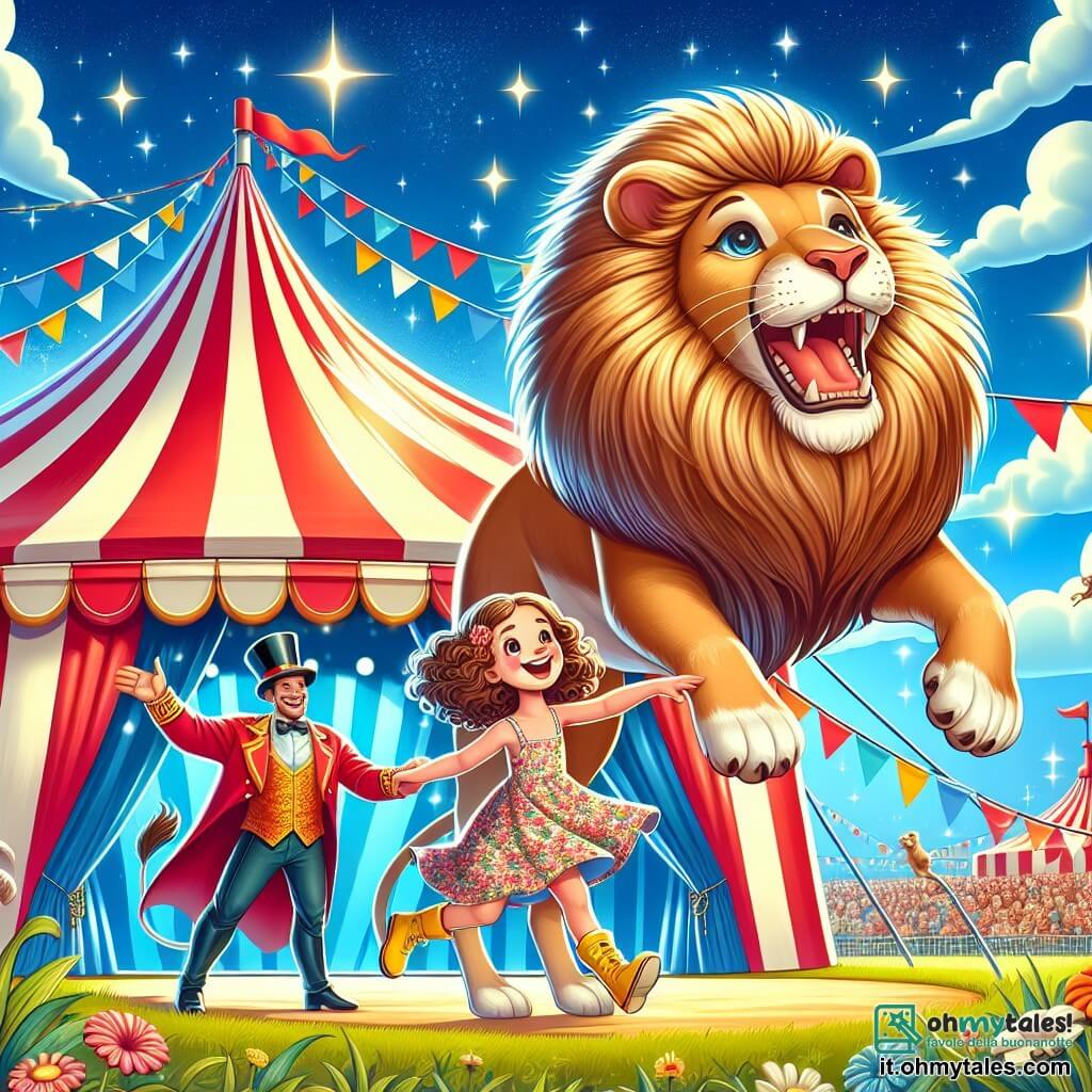 Une illustration sous forme de dessin destinée aux enfants représentant un grand chapiteau de cirque coloré, avec des rayures rouges et blanches, où une fille de 7 ans aux cheveux châtains bouclés, vêtue d'une robe à fleurs et de bottes jaunes, danse joyeusement aux côtés d'un lion majestueux, tandis qu'un domateur musclé en veste rouge et chapeau haut de forme les observe avec un sourire bienveillant, le tout sous un ciel bleu éclatant, illustrant la magie et la joie d'un spectacle de cirque.