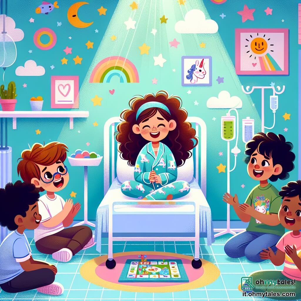 Illustrazione che rappresenta una camera d'ospedale luminosa e colorata, con pareti dipinte di blu pastello e adesivi di nuvole e stelle. Al centro, una bambina di dieci anni, con capelli ricci e castani, è seduta su un letto d'ospedale, con un sorriso radioso sul volto. Indossa un pigiama con motivi di unicorni e tiene un gioco da tavolo tra le mani. Accanto a lei, tre amici: un ragazzo di dieci anni, con capelli castani e occhiali, che ride raccontando una barzelletta; una ragazza di nove anni, con capelli lunghi e biondi, che applaude entusiasta; e un ragazzo di dieci anni, con capelli neri e una maglietta colorata, che guarda il tavolo da gioco con impazienza. La scena trasmette un'atmosfera di gioia e amicizia, con giocattoli sparsi sul pavimento e disegni appesi al muro, che rappresentano sorrisi e cuori. I raggi di sole filtrano attraverso la finestra, illuminando la stanza e creando un'atmosfera calda e accogliente.