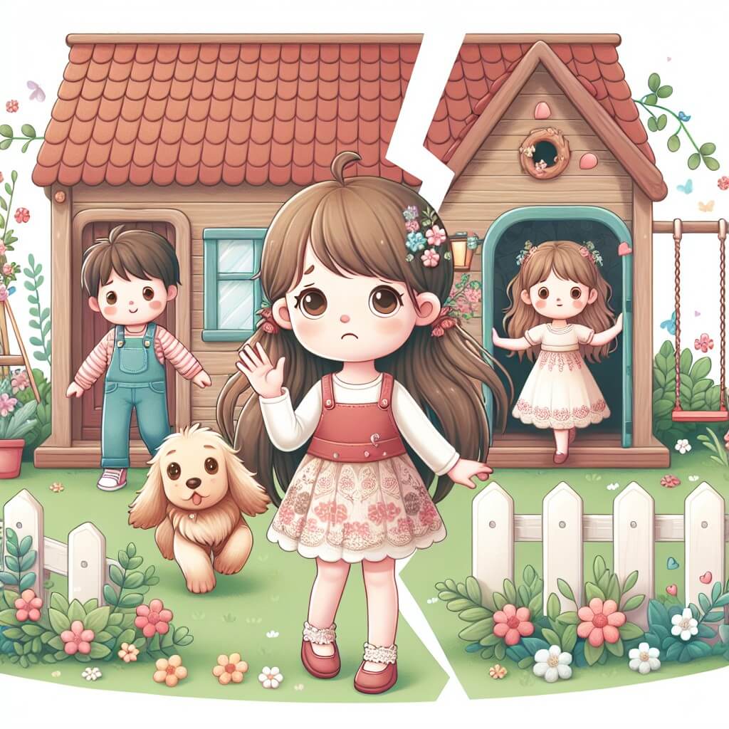 Une illustration destinée aux enfants représentant une petite fille aux cheveux bruns, vivant une séparation de ses parents, accompagnée d'un adorable chien, dans une charmante maison en bois entourée d'un jardin fleuri avec un balançoire et un toboggan, évoquant un sentiment de douceur et de réconfort.
