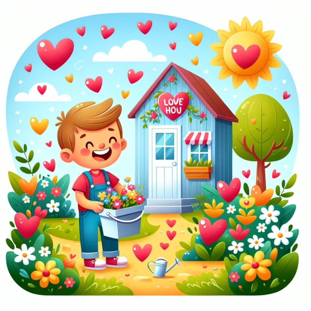Une illustration destinée aux enfants représentant un jeune garçon plein d'enthousiasme, entouré de cœurs et de fleurs, préparant des surprises pour ses proches lors d'une journée ensoleillée dans une petite maison colorée avec un jardin fleuri.
