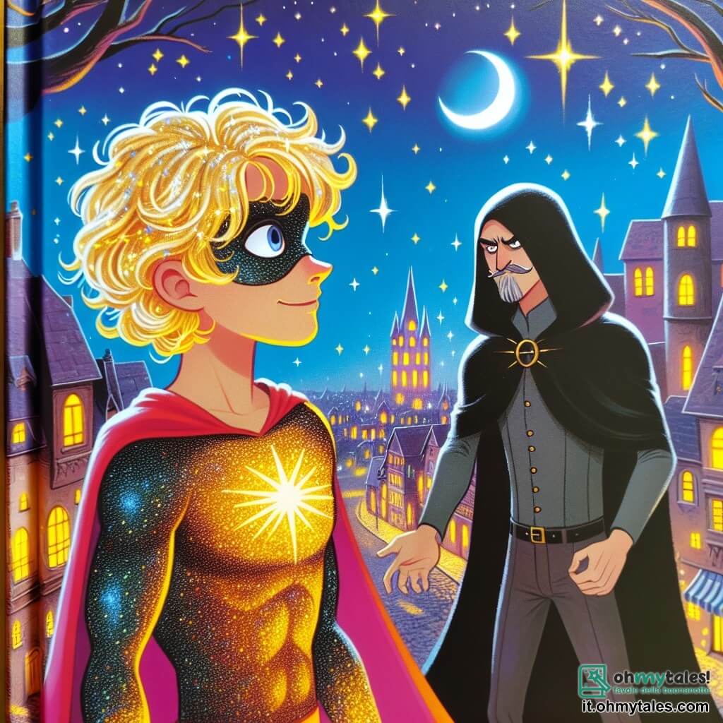 Une illustration destinée aux enfants représentant un super-héros aux cheveux bionds brillants, affrontant un méchant avec un cappuccio noir, dans la ville magique de Luminaria, où les rues scintillent de lumière et les arbres chantent au lever du soleil.
