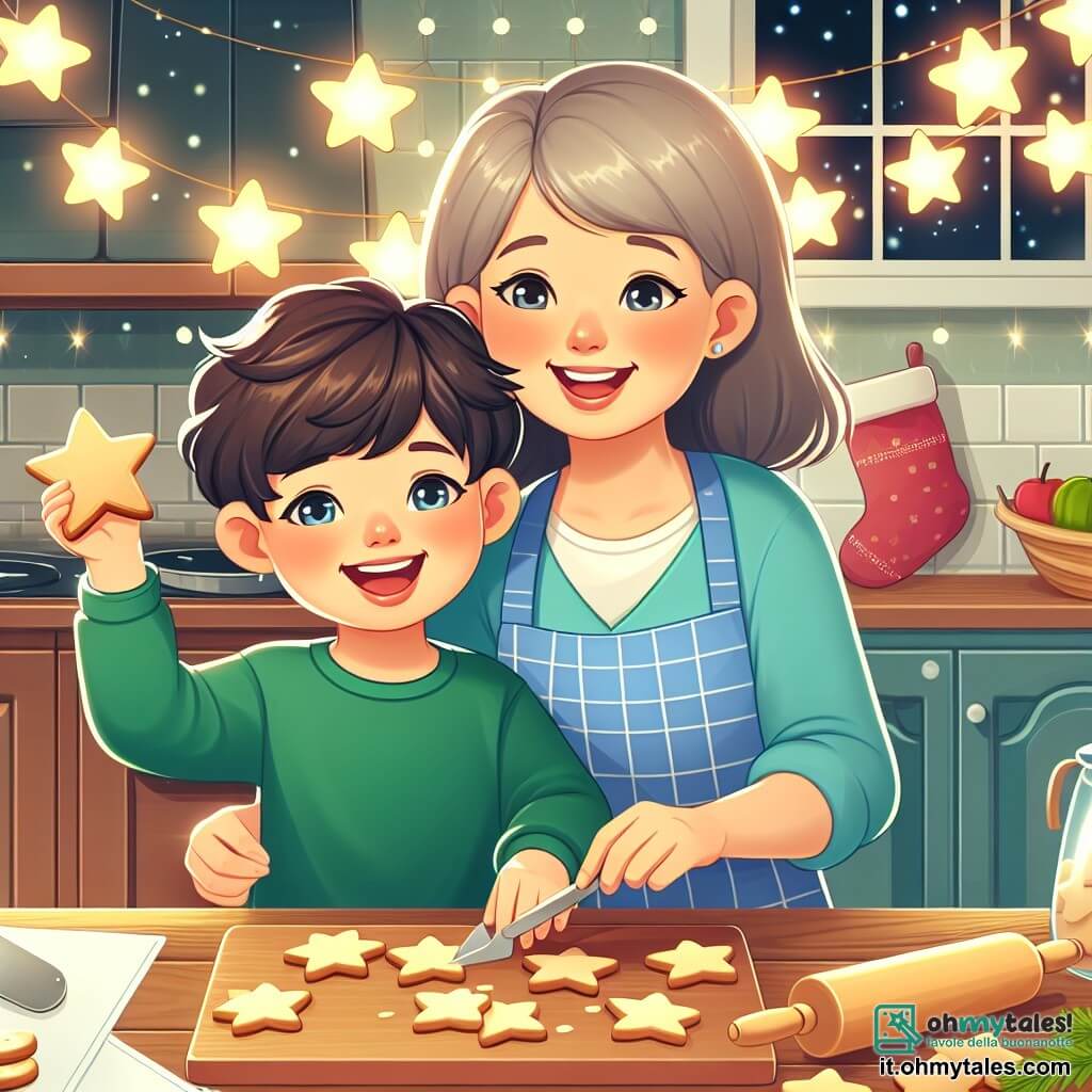 Une illustration destinée aux enfants représentant un petit garçon joyeux préparant des biscuits en forme d'étoile avec sa maman pour la fête du nouvel an, sous les lumières scintillantes d'une cuisine chaleureuse et colorée.