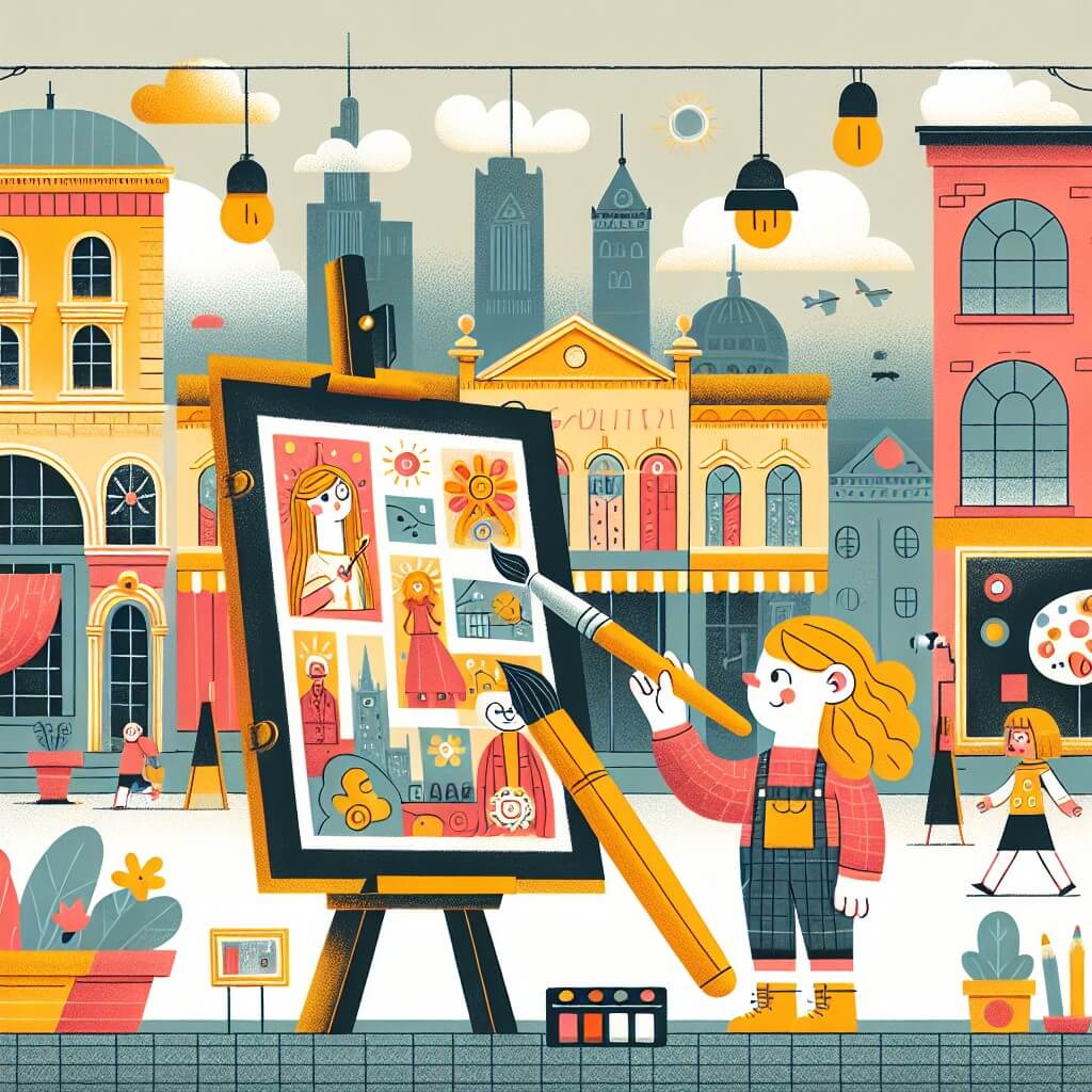 Une illustration destinée aux enfants représentant une artiste talentueuse et créative, vivant dans une petite ville où l'art est peu connu, préparant avec l'aide de ses amis une exposition de ses œuvres dans une galerie d'art située dans une grande ville, entourée de bâtiments colorés et de rues animées.