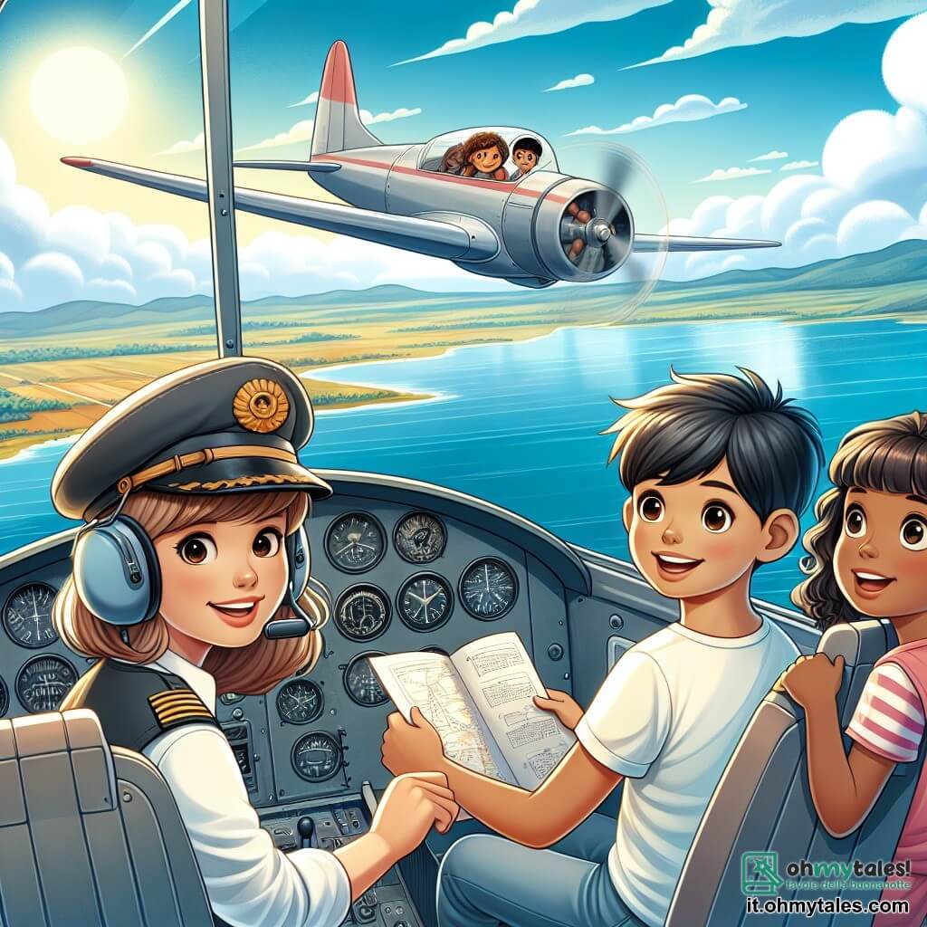 Une illustration destinée aux enfants représentant une jeune fille pilote d'avion, accompagnée de deux enfants curieux, un garçon et une fille, dans le cockpit d'un grand avion volant au-dessus d'un vaste lac scintillant sous le soleil.