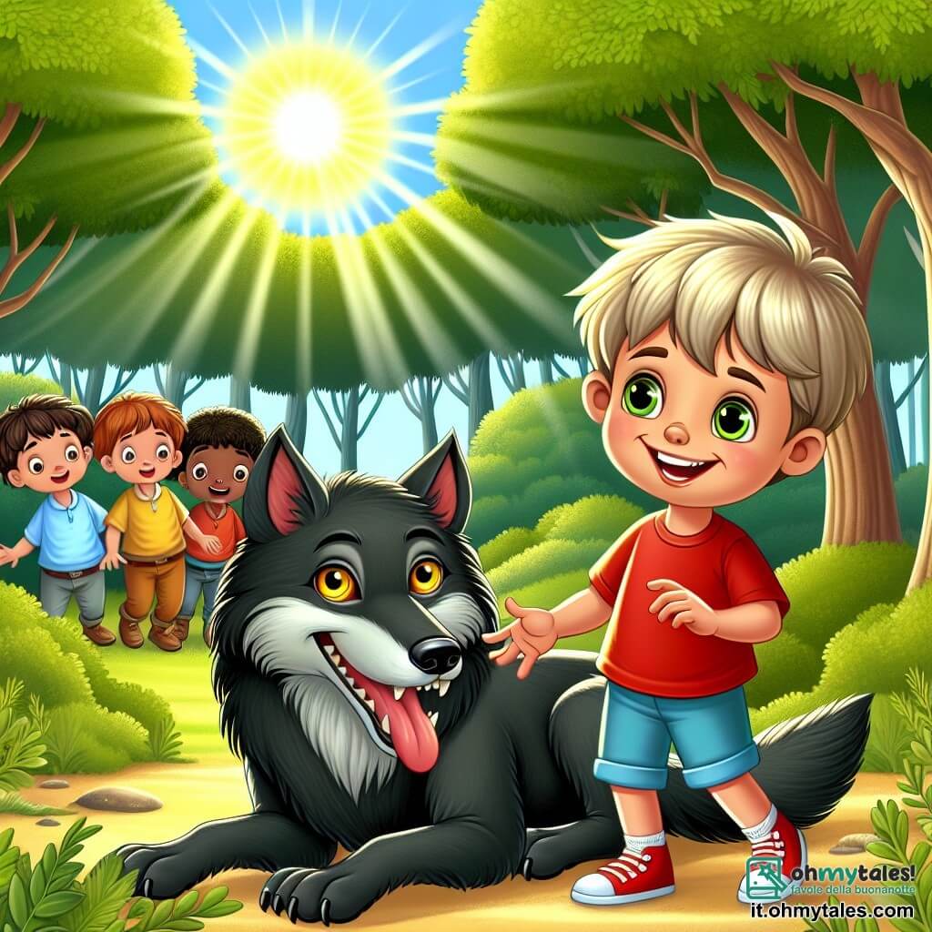 Une illustration sous forme de dessin destinée aux enfants représentant une clairière ensoleillée dans une forêt verdoyante, où un garçon de 8 ans aux cheveux blonds et aux yeux pétillants, vêtu d'un t-shirt rouge et d'un short bleu, joue joyeusement avec un grand loup au pelage noir et brillant, qui a des yeux dorés et un air amical, tandis qu'en arrière-plan, plusieurs enfants aux cheveux bruns et châtains, curieux et souriants, s'approchent timidement pour observer cette scène d'amitié inattendue entre l'enfant et le loup, symbolisant la découverte de la vérité derrière les légendes effrayantes.