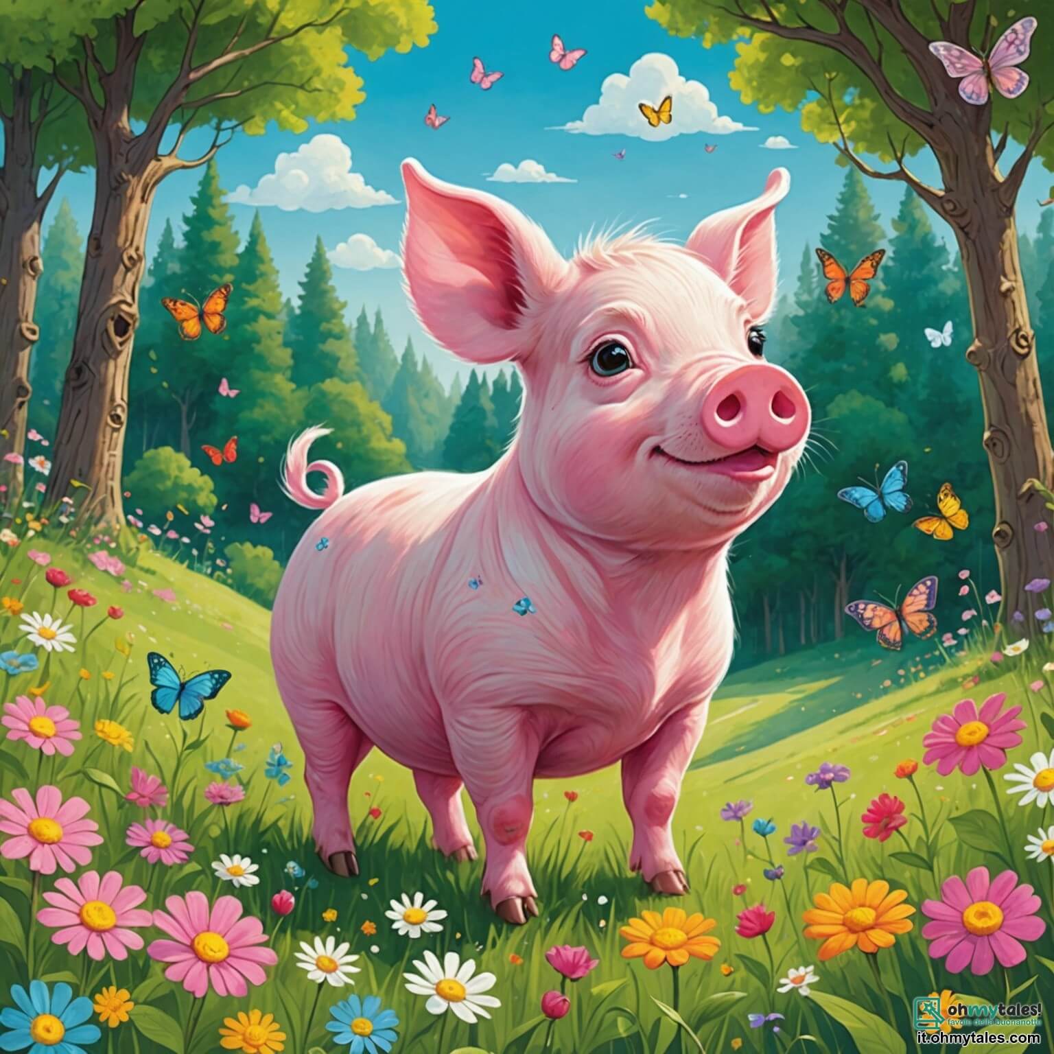 Une illustration destinée aux enfants représentant un petit cochon rose aux yeux pétillants de curiosité, se tenant au bord d'un vaste pré verdoyant parsemé de fleurs colorées et de papillons virevoltants, prêt à s'aventurer dans un mystérieux et majestueux bois aux arbres gigantesques dont les feuilles dansent au gré du vent, où il rencontre sa fidèle amie, une coniglietta blanche aux oreilles longues et douces, alors qu'ils rêvent ensemble de découvrir les merveilles cachées de ce monde enchanteur, rempli de secrets et de magie.