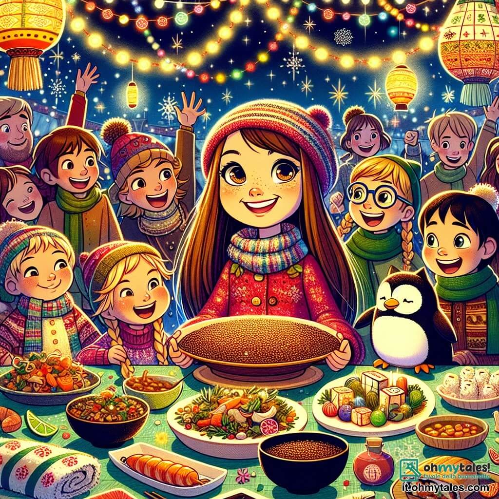 Illustrazione che rappresenta una scena festiva in un giardino illuminato da ghirlande colorate e lanterne scintillanti. Al centro, una ragazza di 11 anni, con lunghi capelli castani e occhi vivaci, indossa un bel cappotto rosso e un berretto a righe. Sorride gioiosamente, tenendo un grande piatto di lenticchie, pronta a condividere questa tradizione con i suoi amici. Intorno a lei, ci sono diversi bambini: un ragazzo di 10 anni con occhiali e capelli biondi, che ride mentre tiene un corvo di peluche, e una ragazza di 12 anni con trecce e un maglione verde, che mostra orgogliosamente un piatto di sushi. Tutti sono circondati da decorazioni colorate e piatti vari provenienti da diverse culture. La scena principale mostra i bambini che celebrano il Capodanno, scambiandosi piatti e storie, con fuochi d'artificio che illuminano il cielo notturno sullo sfondo. Stelle brillanti scintillano sopra di loro, aggiungendo un tocco magico a questa gioiosa riunione.