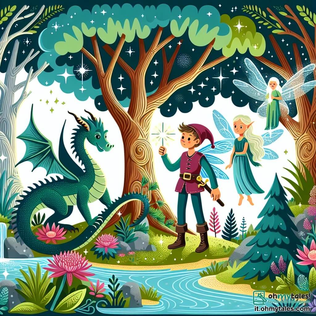 Une illustration destinée aux enfants représentant un jeune dragon aventureux, une fée lumineuse et un elfe bienveillant, évoluant dans une forêt enchantée aux arbres centenaires, à la végétation luxuriante et aux ruisseaux scintillants.