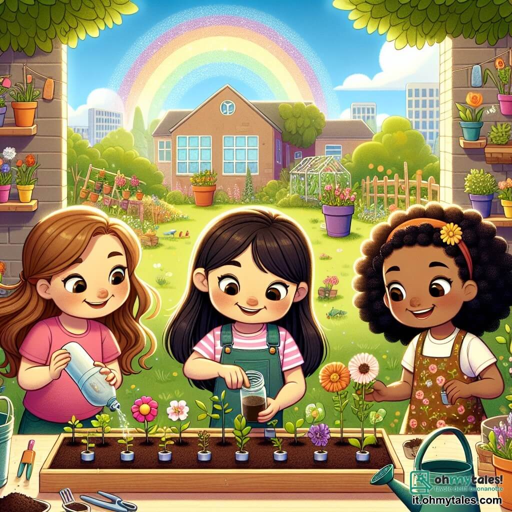 Illustrazione che rappresenta una scena soleggiata nel giardino di una scuola primaria, con fiori colorati e alberi verdi sullo sfondo. Al centro, tre ragazze di circa otto anni stanno lavorando insieme a un progetto di giardino verticale. Una delle ragazze ha capelli lunghi e castani, indossa una maglietta rosa e sorride felicemente tenendo una bottiglia di plastica. La seconda ragazza ha capelli neri e ricci, è vestita con una camicia a quadri e osserva attentamente un piccolo vaso di terra. La terza ragazza ha capelli castani e occhi scintillanti, indossa un vestito a fiori e mostra un germoglio che sta iniziando a crescere. Le ragazze sono circondate da vasi di fiori, terriccio e attrezzi da giardinaggio, mentre un arcobaleno scintilla nel cielo blu, simboleggiando la loro creatività e amicizia.