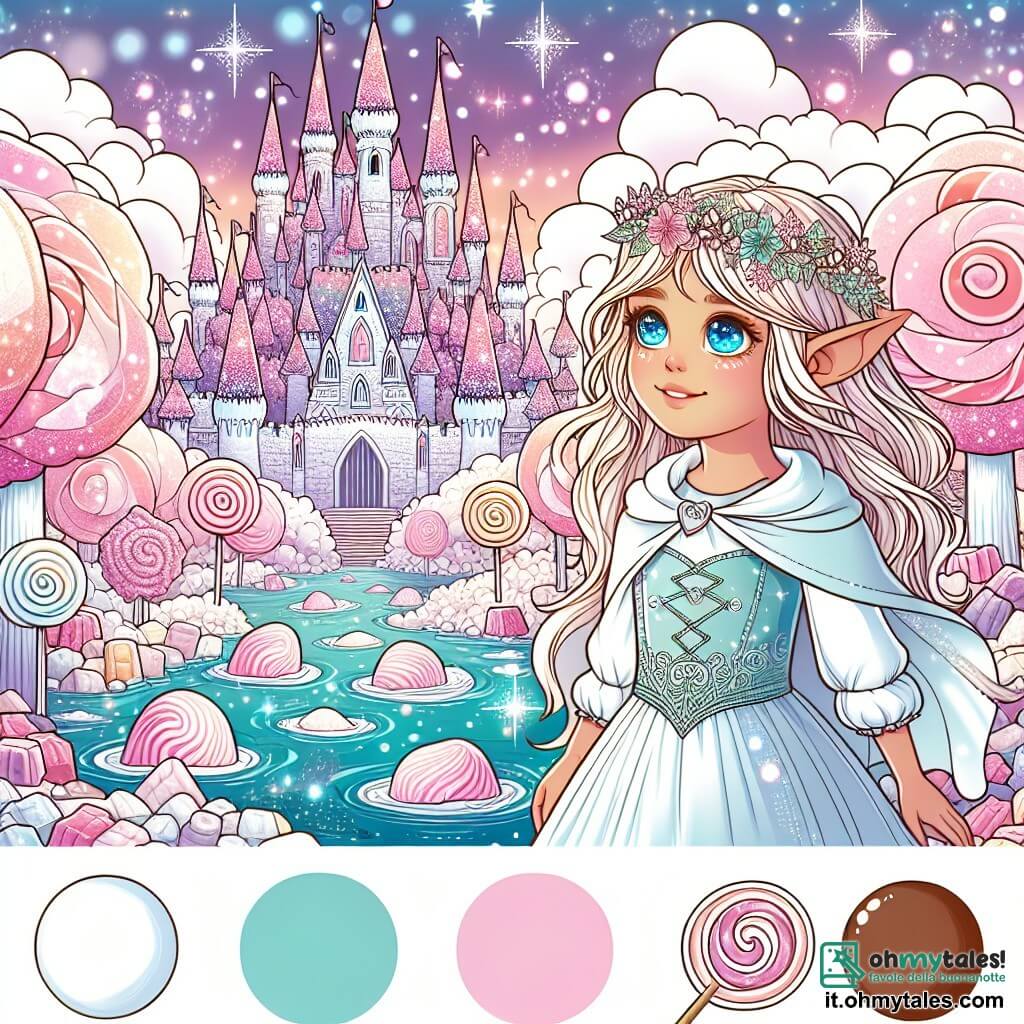Une illustration destinée aux enfants représentant une fillette aux yeux pétillants se retrouvant dans un royaume de sucreries avec son fidèle compagnon elfique, entourée d'arbres de marshmallow et de rivières de cioccolato, face à un castello di zucchero filato scintillant sous le soleil.