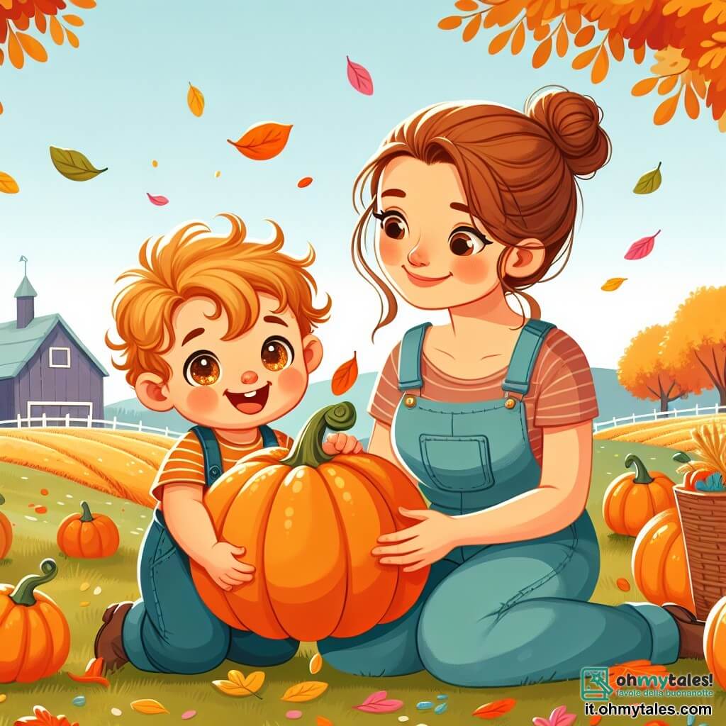 Une illustration sous forme de dessin destinée aux enfants représentant une charmante ferme en automne, avec des arbres aux feuilles dorées et des champs de citrouilles, où un petit garçon d'environ un an, aux cheveux bouclés et aux yeux pétillants, sourit en tenant une grosse citrouille orange, tandis que sa maman, une femme souriante aux cheveux bruns attachés en chignon, l'aide à ramasser des feuilles colorées qui tombent doucement autour d'eux, créant une atmosphère joyeuse et chaleureuse de partage et de découverte.