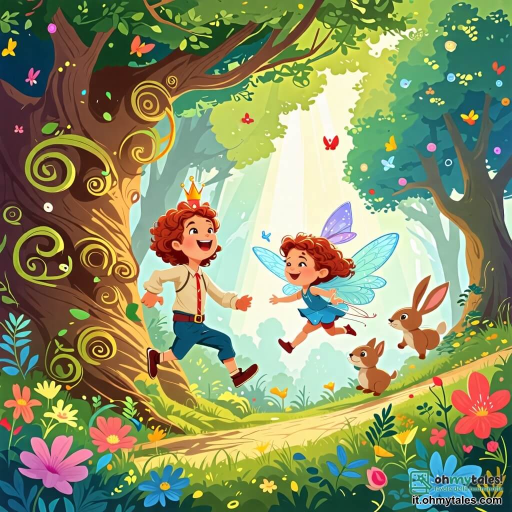 Une illustration sous forme de dessin destinée aux enfants représentant une forêt enchantée colorée avec des arbres aux troncs spirales et des fleurs souriantes, où un prince courageux aux cheveux bouclés et à la couronne étincelante rit en courant, tandis qu'une fatine aux ailes scintillantes et au chapeau en forme de caramelle s'envole joyeusement à ses côtés, et un petit lapin aux longues oreilles les suit en sautant, tous trois s'apprêtant à participer à une course amusante vers un grand arbre, avec des rayons de soleil filtrant à travers le feuillage et des éclats de rire flottant dans l'air.