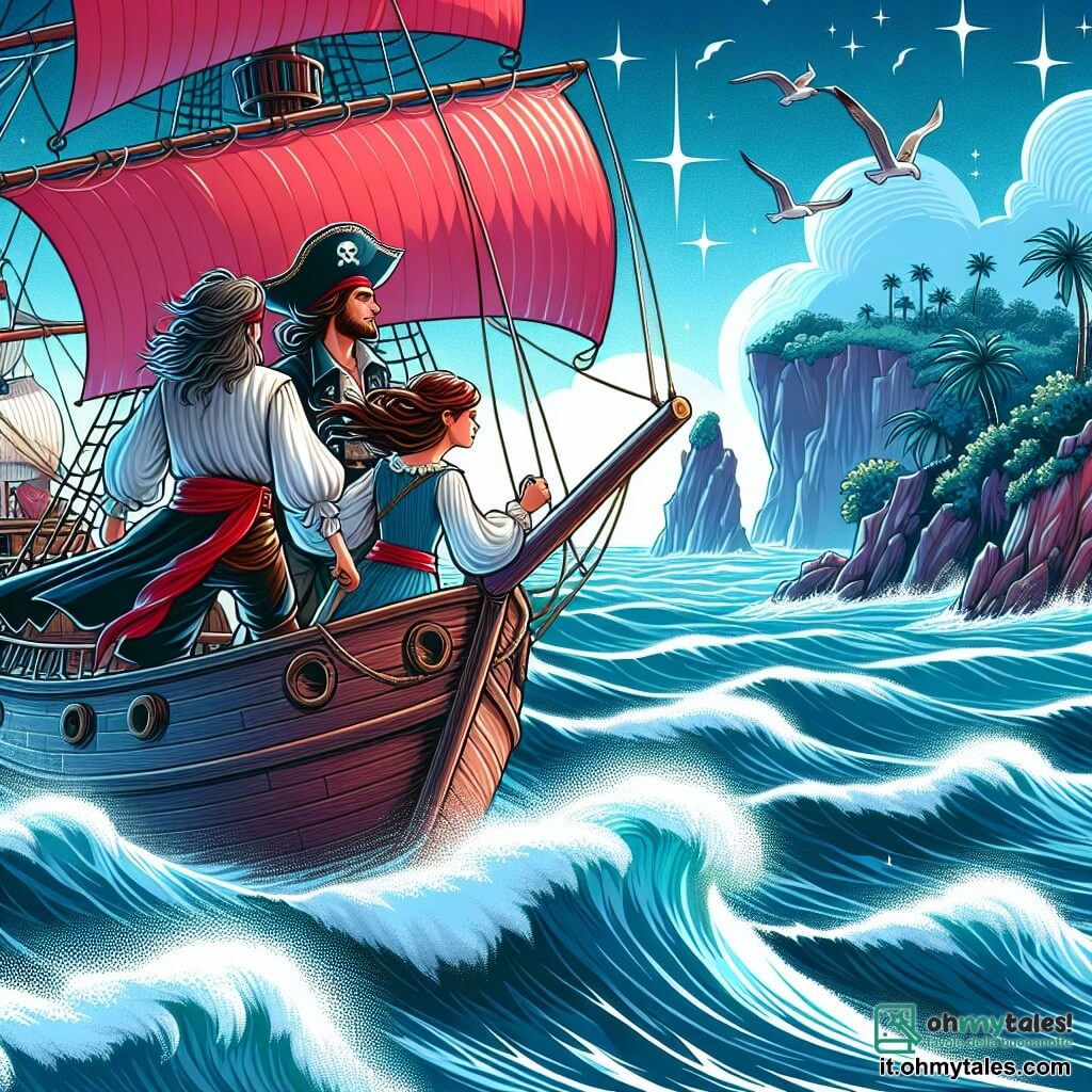 Une illustration destinée aux enfants représentant une courageuse capitaine pirate (fille) naviguant sur une mer agitée avec son fidèle navigateur (garçon) à bord de leur navire orné de voiles rouge vif, voguant vers une île mystérieuse entourée de rochers escarpés et de vagues déchaînées, où un trésor étincelant est caché.