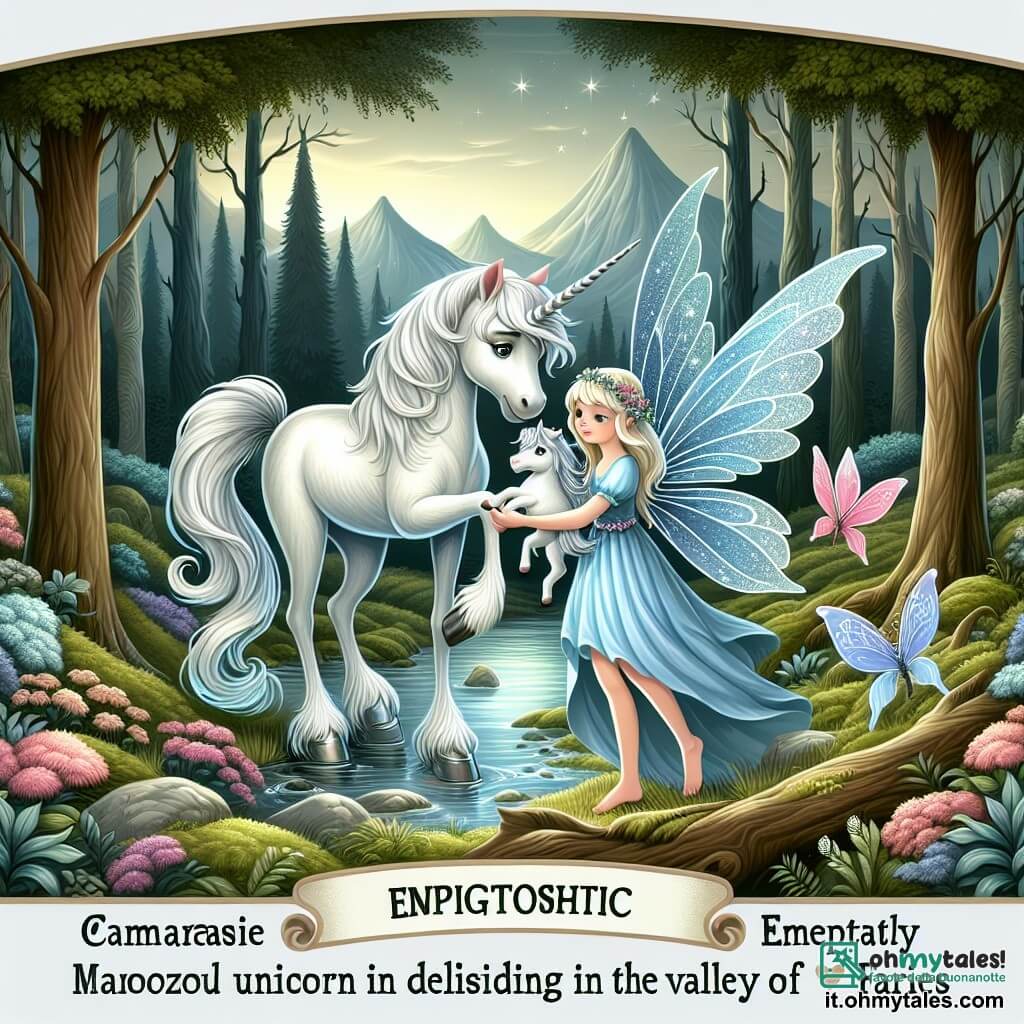 Une illustration destinée aux enfants représentant une magnifique licorne aux crins argentés se trouvant dans la Vallée des Fées, accompagnée d'une fée fille aux ailes scintillantes, aidant une créature perdue dans un bosco incantato.