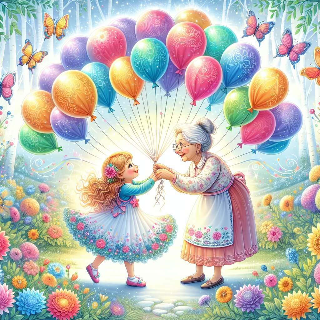 Une illustration destinée aux enfants représentant une petite fille rayonnante, entourée de ballons colorés, qui surmonte ses peurs et découvre la magie de la confiance en soi avec l'aide bienveillante de sa grand-mère, dans un jardin enchanté rempli de fleurs et de papillons virevoltants.