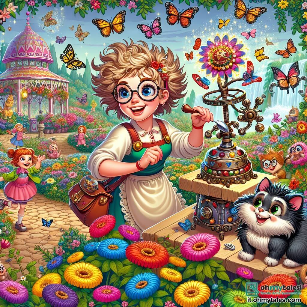 Une illustration sous forme de dessin destinée aux enfants représentant un jardin enchanté de Fantasilandia, rempli de fleurs colorées et de farfalle dansant dans l'air, où une jeune femme aux cheveux ébouriffés et aux lunettes épaisses, vêtue d'un tablier de travail, s'affaire joyeusement autour d'une invention farfelue en forme de machine à fleurs, tandis qu'un chat noir aux yeux malicieux observe la scène avec curiosité, et des enfants aux visages émerveillés se rassemblent autour d'elle, admirant la magie de son dispositif qui attire les papillons avec des lumières scintillantes et des mélodies douces.