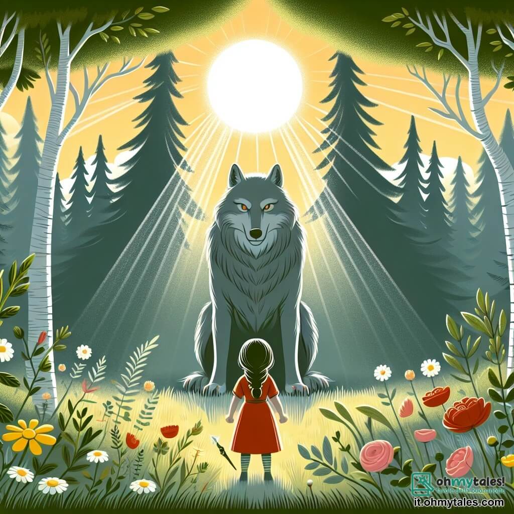 Une illustration destinée aux enfants représentant une petite fille courageuse affrontant un grand méchant loup dans une clairière ensoleillée entourée de fleurs sauvages et de grands arbres majestueux.