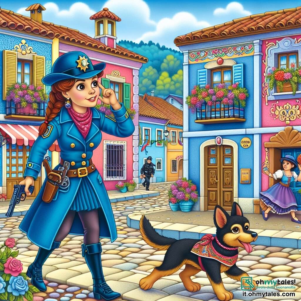 Une illustration destinée aux enfants représentant une policière courageuse résolvant un vol de bijoux avec l'aide de son fidèle chien policier, dans la pittoresque ville de Villabriga, avec ses rues pavées et ses maisons colorées aux volets fleuris.
