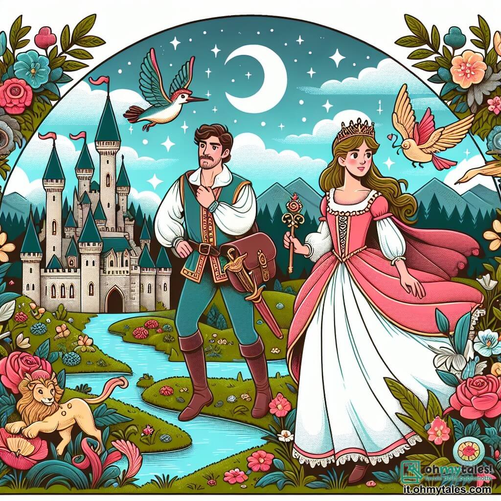 Une illustration destinée aux enfants représentant une princesse courageuse explorant un monde magique aux côtés d'un beau prince, dans un château enchanteur entouré de jardins fleuris et de créatures fantastiques.