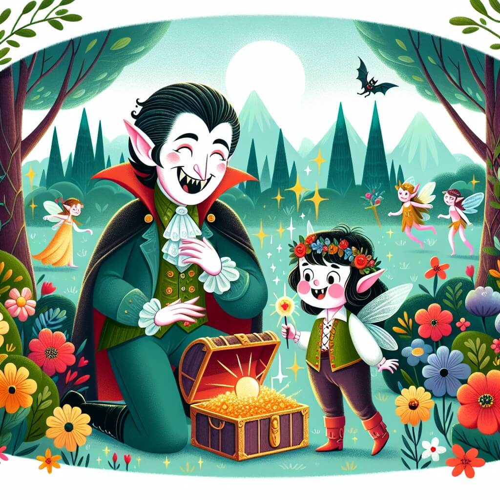 Une illustration destinée aux enfants représentant un vampire au sourire bienveillant, accompagné d'un petit elfe, découvrant un trésor étincelant au cœur d'un magnifique bosquet enchanté, rempli de fleurs colorées, d'arbres majestueux et de fées dansant.