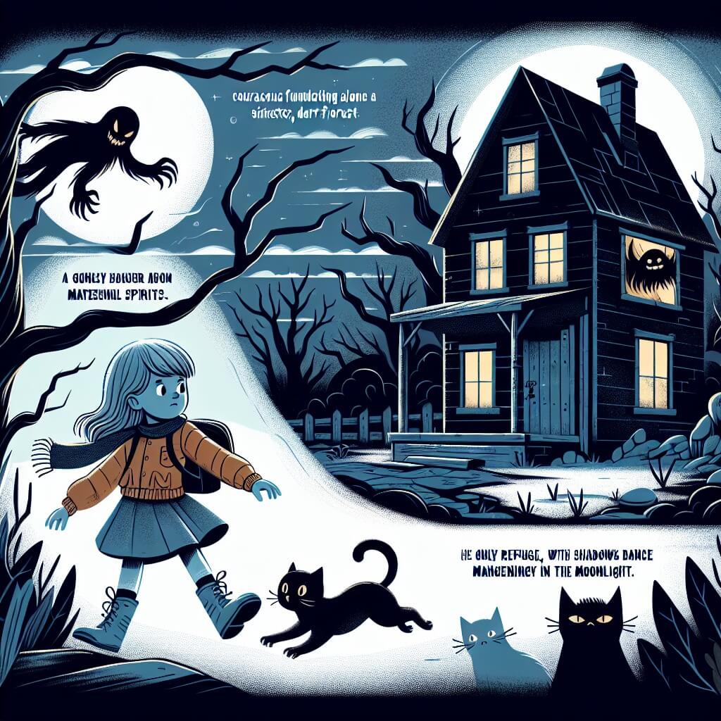 Une illustration destinée aux enfants représentant une jeune fille courageuse se retrouvant seule dans une sombre forêt hantée par des esprits maléfiques, avec pour seul compagnon un chat noir mystérieux, dans une vieille maison abandonnée aux murs craquelés et aux fenêtres brisées, où les ombres dansent sinistrement à la lueur de la lune.