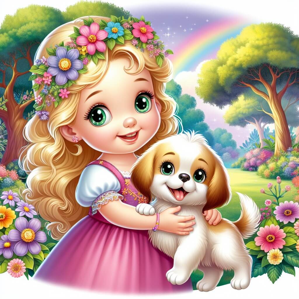 Une illustration destinée aux enfants représentant une petite fille rayonnante, découvrant une nouvelle amitié dans un parc enchanteur, accompagnée d'un adorable chiot, entourées d'arbres majestueux et de fleurs colorées.