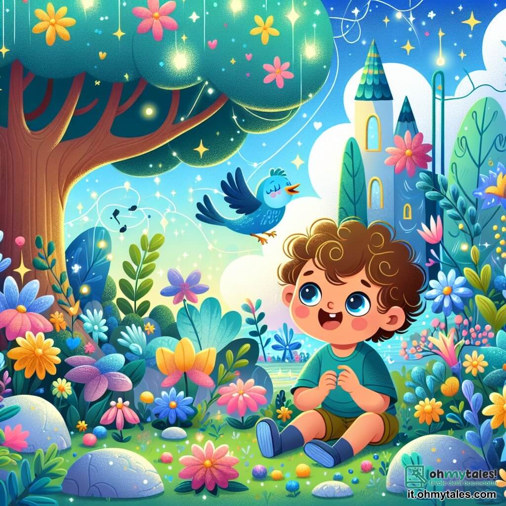 Une illustration sous forme de dessin destinée aux enfants représentant un jardin enchanté rempli de fleurs colorées et de pierres brillantes, avec un petit garçon d'environ un an aux cheveux bouclés et aux yeux pétillants, assis parmi les fleurs, émerveillé par un oiseau bleu qui chante joyeusement à ses côtés, tandis qu'un grand arbre aux feuilles dansantes se dresse en arrière-plan, créant une atmosphère magique et paisible où le garçon découvre les histoires et les leçons que la nature a à offrir.