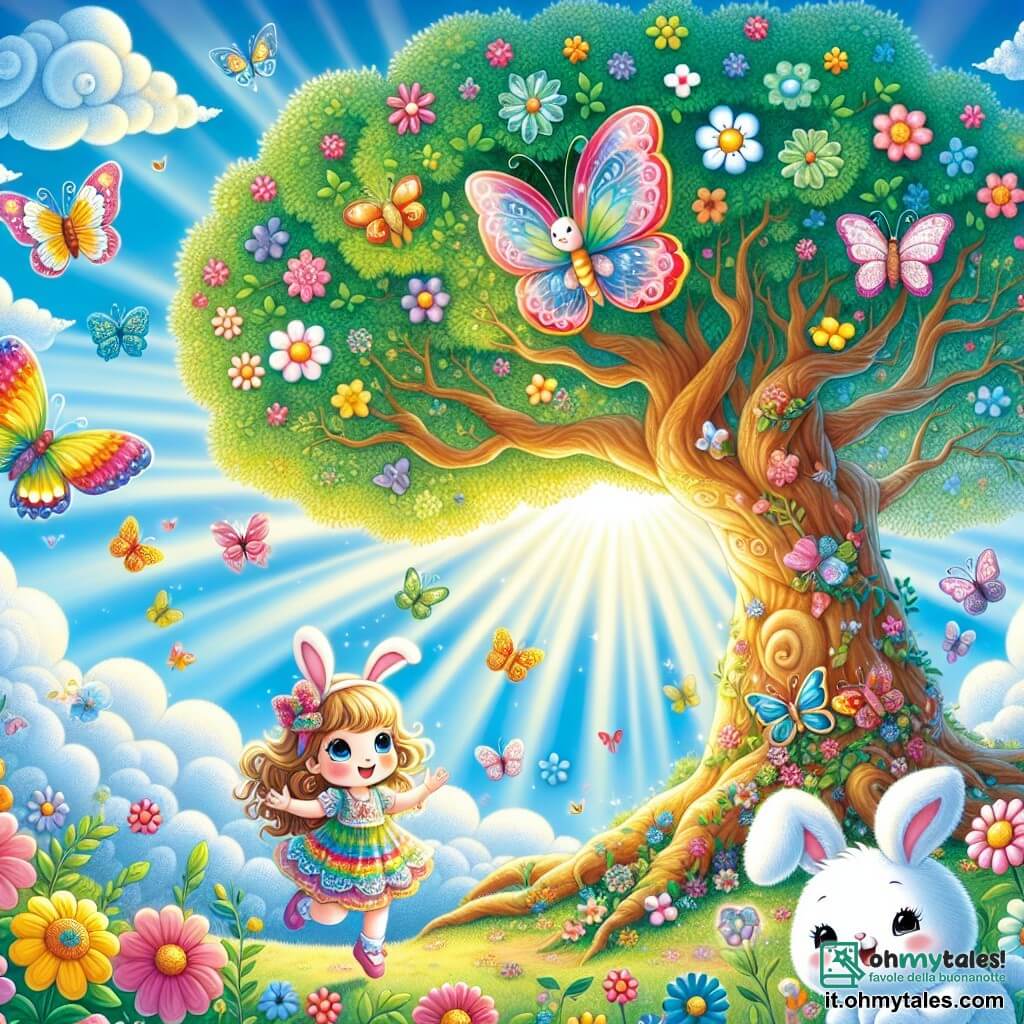 Illustrazione che rappresenta un giardino incantato, pieno di fiori colorati e grandi alberi con rami danzanti. Il cielo è di un blu splendente, punteggiato da nuvole morbide e soffici. Al centro, un grande albero maestoso con un tronco spesso e foglie brillanti, dove i raggi del sole filtrano.

In questa scena, una bambina di 7 anni, con lunghi capelli biondi e un vestito colorato, è una farfalla colorata, le sue ali scintillanti riflettono i colori dell'arcobaleno. Accanto a lei, un bambino di 6 anni, con capelli castani e orecchie da coniglio, è un adorabile coniglio bianco, i suoi occhi brillano di gioia. Infine, una piccola nuvola di 5 anni, dolce e rotonda, fluttua sopra di loro, con un sorriso caloroso e guance rosa.

I tre amici stanno giocando insieme sotto l'albero, la farfalla si libra in aria, il coniglio salta allegramente, mentre la nuvola li osserva ridendo. Farfalle svolazzano attorno a loro e raggi di sole illuminano la scena, creando un'atmosfera magica e gioiosa.