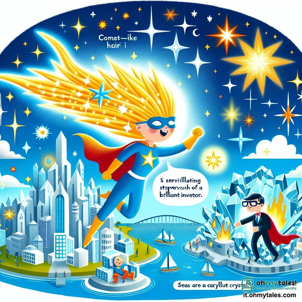 Une illustration destinée aux enfants représentant une super-héroïne lumineuse aux cheveux comme des comètes, combattant un super-vilain avec l'aide d'un génial inventeur, dans la cité scintillante de Cristalloggia, où les étoiles brillent de mille feux et les mers sont de cristal bleu.