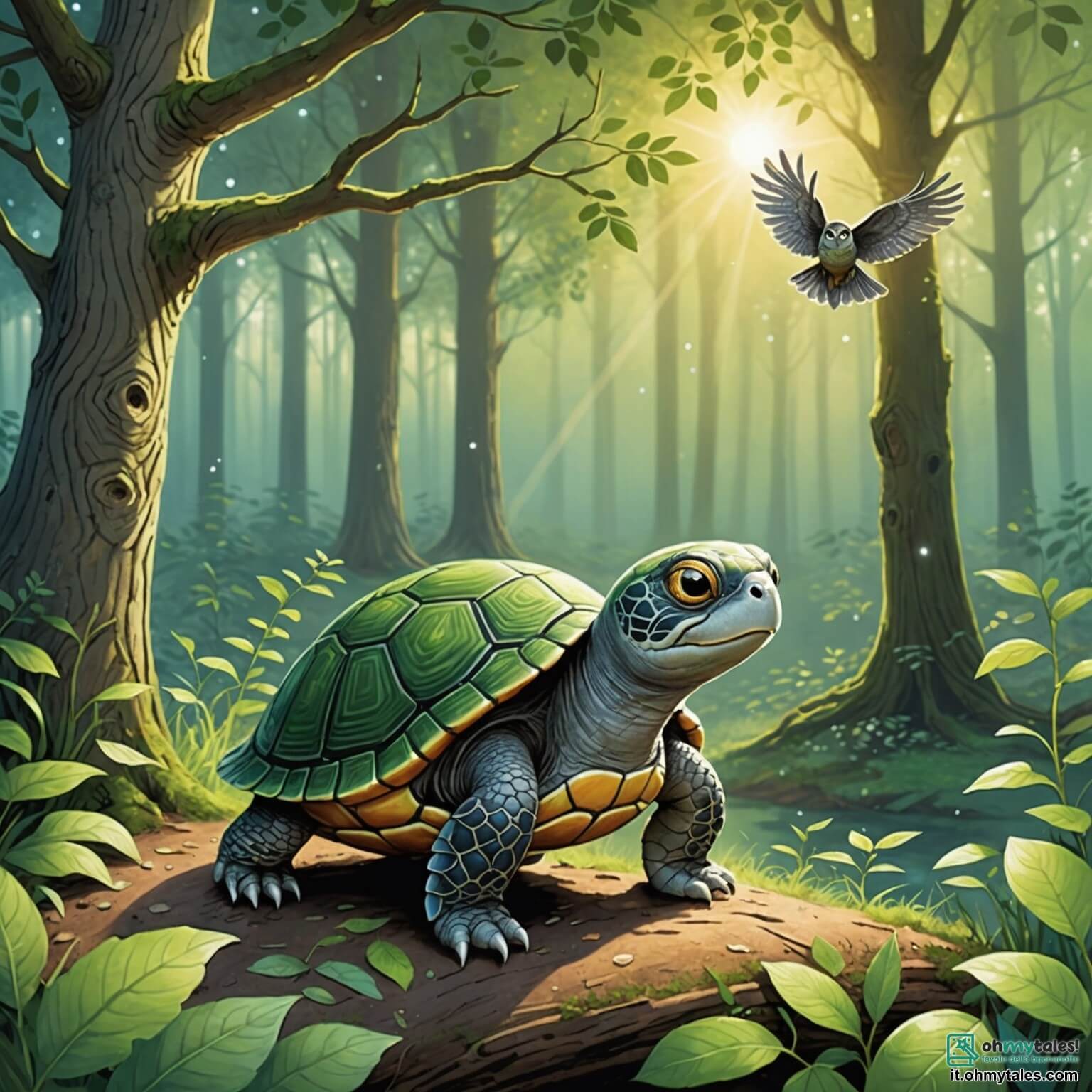 Une illustration destinée aux enfants représentant une petite tortue au regard pétillant et rêveur, qui aspire à explorer le vaste monde au-delà de son paisible bosquet verdoyant, où les rayons du soleil filtrent à travers les feuilles des arbres, créant des motifs dansants sur le sol, tandis qu'un vieux hibou sage, avec ses plumes grises et ses yeux perçants, veille sur elle depuis une branche, observant son désir d'aventure.