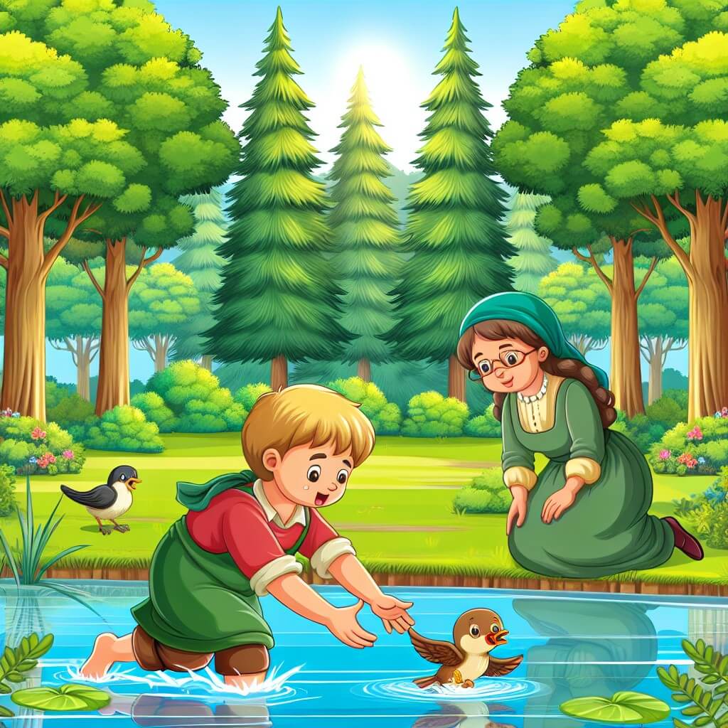 Une illustration destinée aux enfants représentant un jeune garçon intrépide, sauvant un petit oiseau tombé du nid, avec l'aide de sa maman, dans un magnifique parc verdoyant entouré de grands arbres majestueux et d'un étang scintillant.