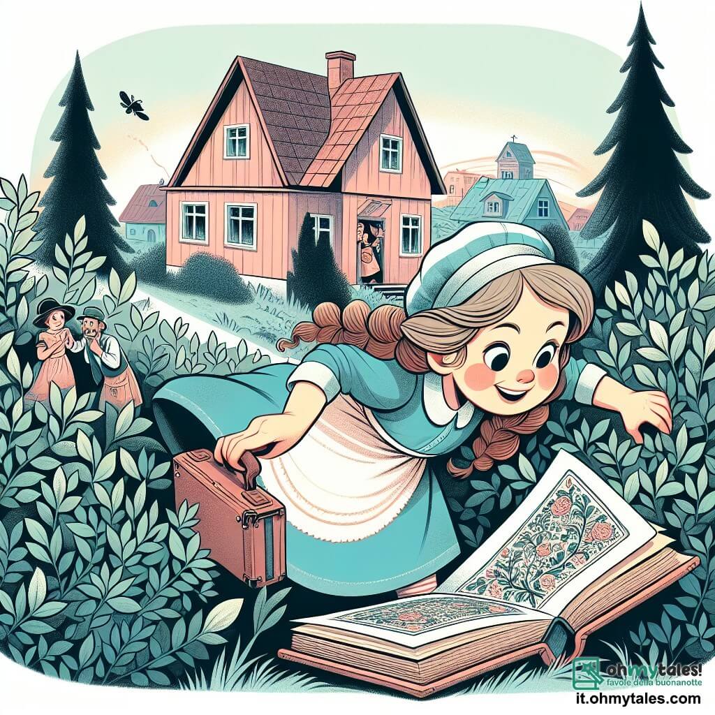 Une illustration destinée aux enfants représentant une fillette curieuse et pleine d'énergie, vivant dans une petite maison color pastello en haut d'une colline, découvrant un vieux livre de contes entre les cespuglis, avec en toile de fond une famille voisine en difficulté à cause de la perte d'emploi du père.