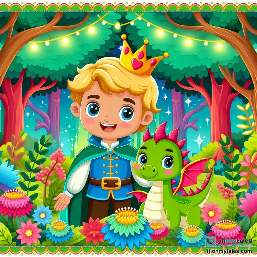 Une illustration destinée aux enfants représentant un prince au sourire lumineux, un petit dragon tout vert aux ailes roses, dans la forêt enchantée aux arbres aux couleurs vives et aux fleurs lumineuses.