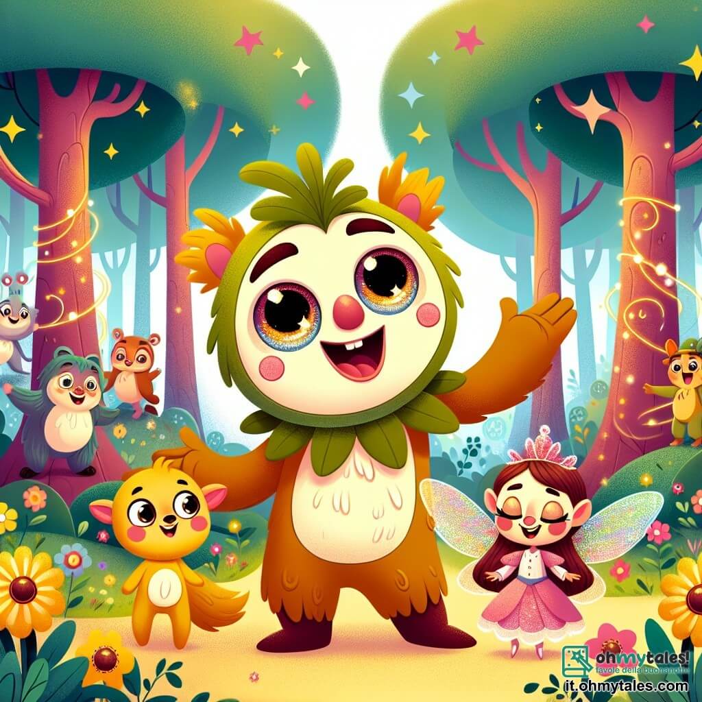 Une illustration destinée aux enfants représentant une créature rigolote, avec des yeux pétillants et un sourire éclatant, se trouvant dans une forêt enchantée remplie d'arbres aux couleurs vives, d'animaux dansants et de fleurs chantantes, accompagnée d'une fée étincelante, dans une quête pour résoudre un mystère et trouver un trésor caché.