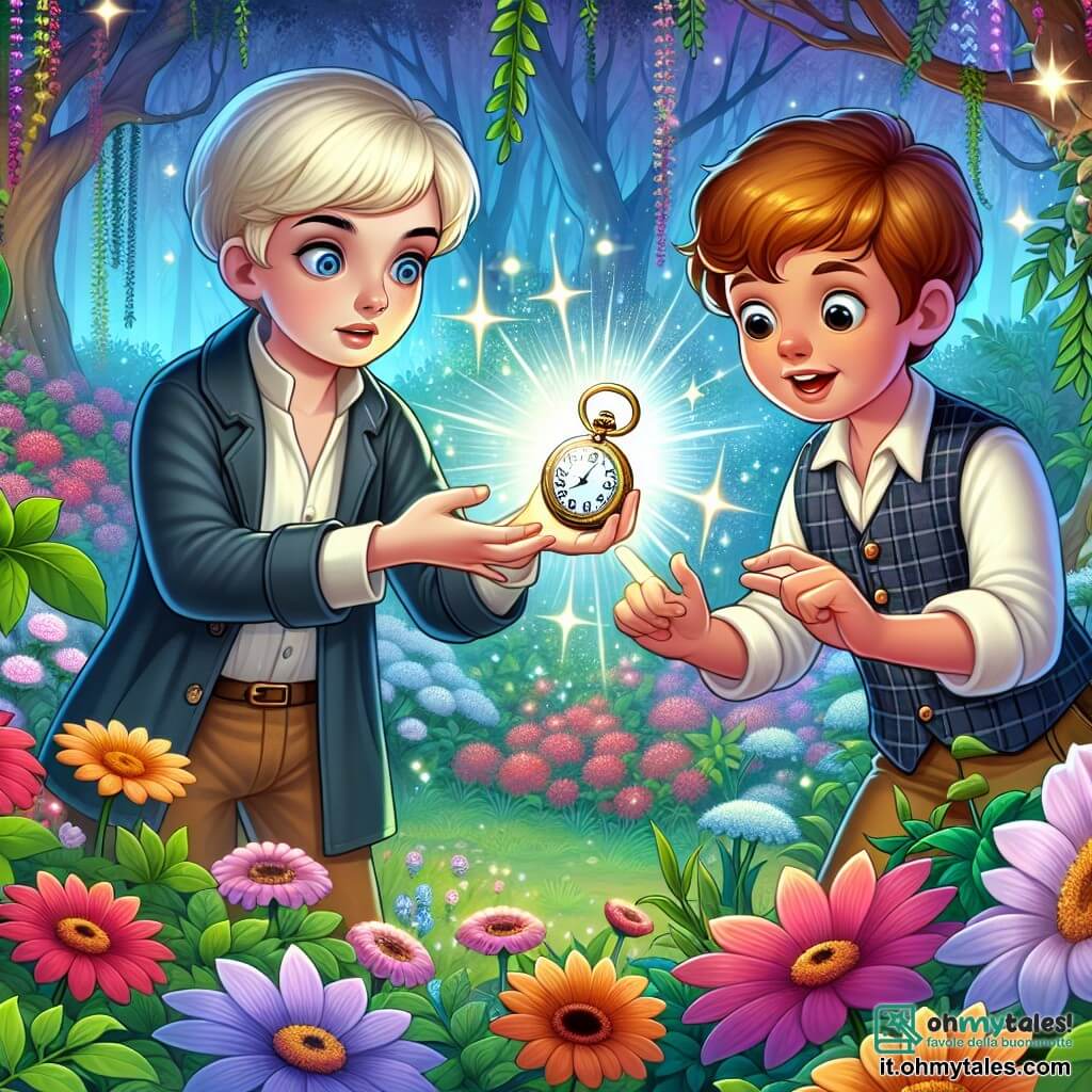 Une illustration destinée aux enfants représentant un jeune garçon curieux découvrant un mystérieux orologio da taschino brillant d'une lueur magique, accompagné d'un garçon au visage énigmatique, dans un jardin luxuriant rempli de fleurs multicolores et d'arbres aux feuilles scintillantes.