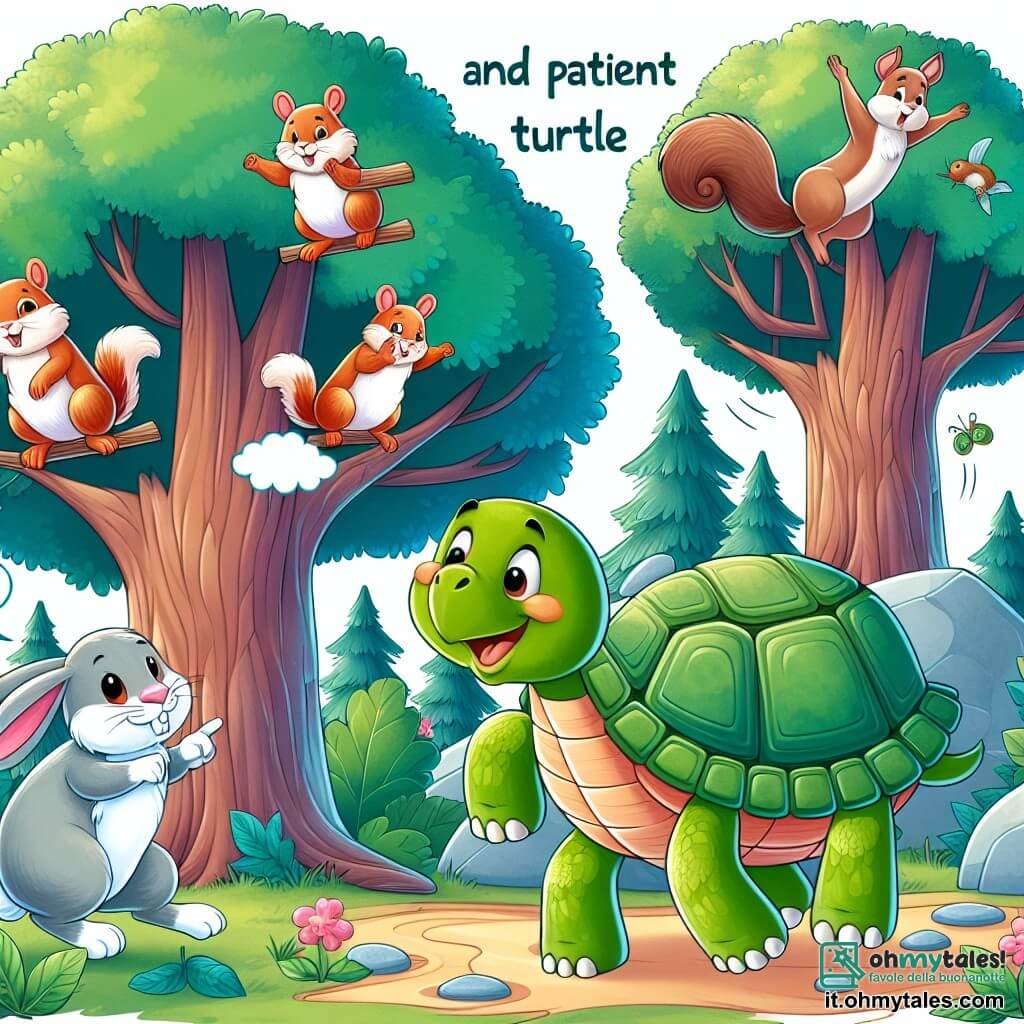 Une illustration destinée aux enfants représentant une tortue joyeuse et patiente se promenant dans un bosco magico insieme a un coniglio saltellante, où gli alberi parlano e gli scoiattoli fanno acrobazie.