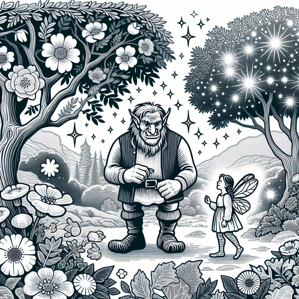 Une illustration destinée aux enfants représentant un ogre solitaire découvrant une amitié improbable avec une petite fée dans une clairière enchantée, entourée de fleurs lumineuses et d'arbres majestueux aux feuilles chatoyantes.