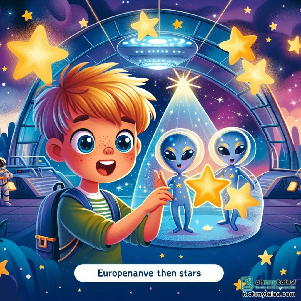Une illustration destinée aux enfants représentant un jeune garçon passionné par les étoiles, faisant la rencontre d'adorables extraterrestres, dans un centre spatial futuriste entouré d'étoiles scintillantes.