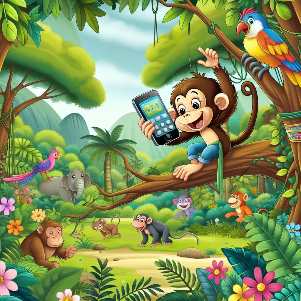Une illustration destinée aux enfants représentant une joyeuse guenon, perchée sur une branche d'arbre, découvrant un téléphone portable abandonné dans une jungle luxuriante remplie d'arbres majestueux, de fleurs colorées et d'animaux exotiques, avec un oiseau coloré à ses côtés prêt à l'aider dans son aventure.