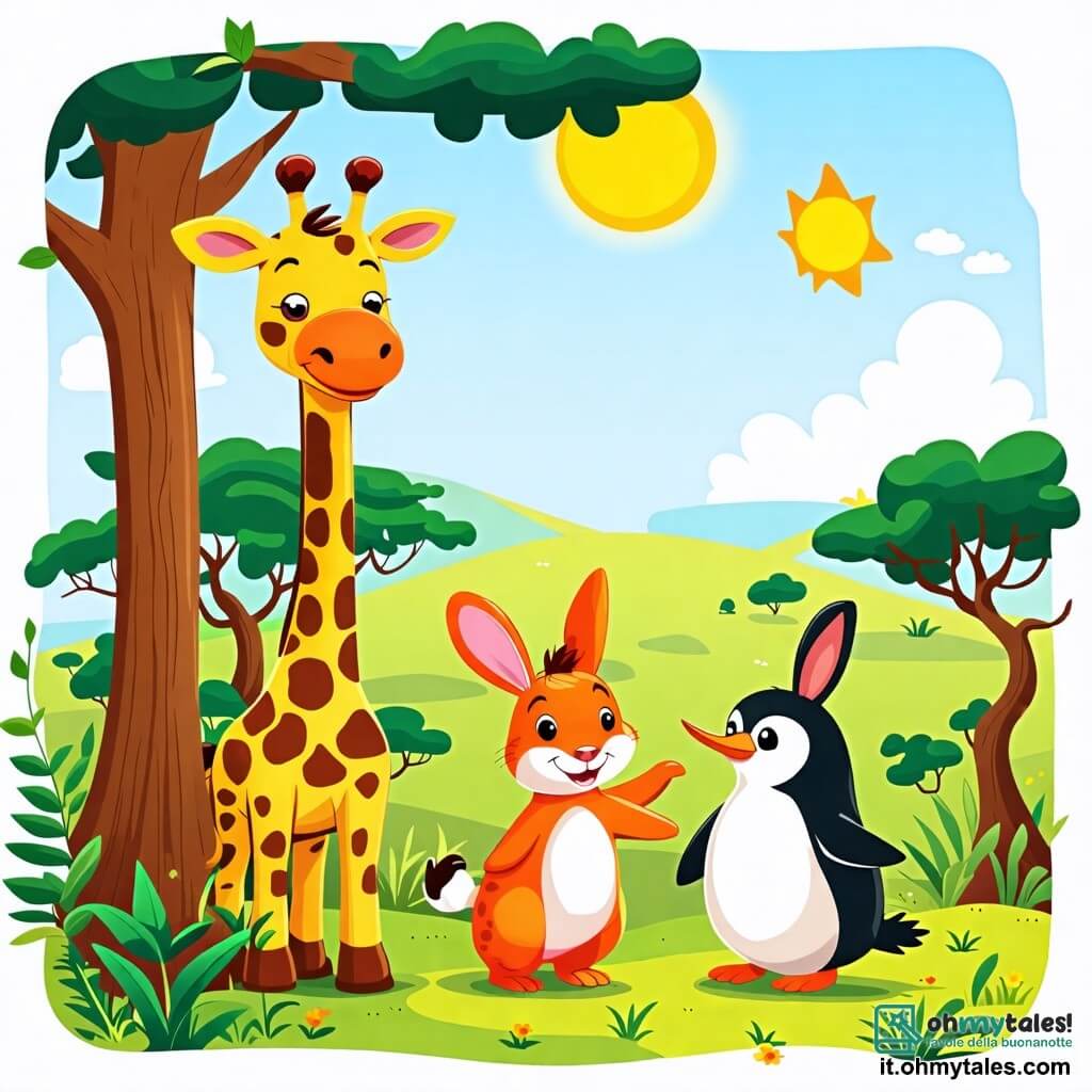 Une illustration sous forme de dessin destinée aux enfants représentant une savane ensoleillée avec de grands arbres verts, au premier plan une girafe au long cou tacheté de brun qui rit en se cachant derrière un arbre, tandis qu'un petit lapin aux grandes oreilles blanches et un pinguin aux plumes noires et blanches se tiennent à ses pieds, le lapin souriant et le pinguin levant une flipper, tous trois s'amusant à jouer à cache-cache dans un cadre joyeux et coloré.