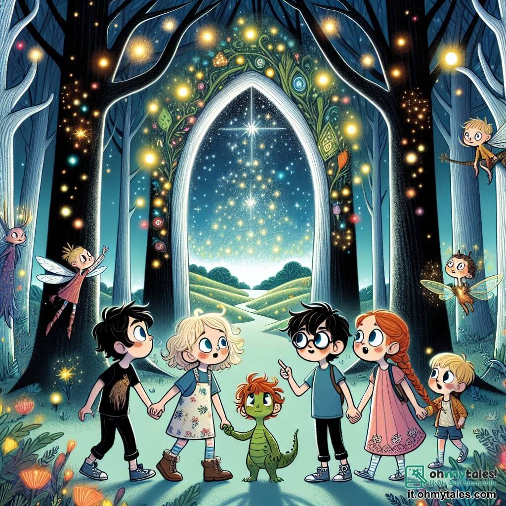 Illustrazione che rappresenta una scena magica in una foresta incantata, dove alberi giganteschi dai tronchi argentati si ergono verso un cielo stellato, illuminato da lucciole scintillanti. Al centro della scena, quattro bambini, due ragazzi e due ragazze, si tengono per mano. Uno dei ragazzi, di circa sette anni, ha i capelli castani arruffati e indossa una maglietta blu con un drago stampato. La seconda ragazza, anch'essa di sette anni, ha lunghi capelli biondi intrecciati e indossa un vestito rosa con motivi floreali. Il terzo bambino, un ragazzo dai capelli neri e occhiali tondi, sta indicando un piccolo drago verde che li osserva con curiosità. L'ultima ragazza, con capelli rossi e lentiggini, ha uno sguardo determinato e tiene una mappa magica tra le mani. La situazione principale mostra i bambini che scoprono un portale scintillante, circondato da luci colorate, che sembra chiamarli all'avventura. Creature magiche, come fate e animali fantastici, si nascondono dietro gli alberi, aggiungendo un tocco di mistero all'illustrazione. Sullo sfondo, le stelle brillano intensamente e una dolce brezza fa danzare le foglie, creando un'atmosfera di meraviglia e magia.
