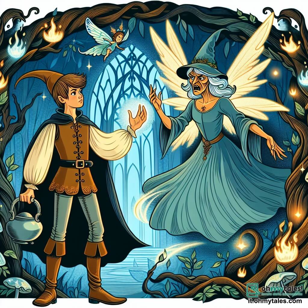 Une illustration destinée aux enfants représentant un jeune homme courageux et noble, confronté à une terrible sorcière maléfique, avec la présence bienveillante d'une fée aux ailes étincelantes, dans un bosquet enchanté aux arbres tordus et aux fleurs lumineuses.